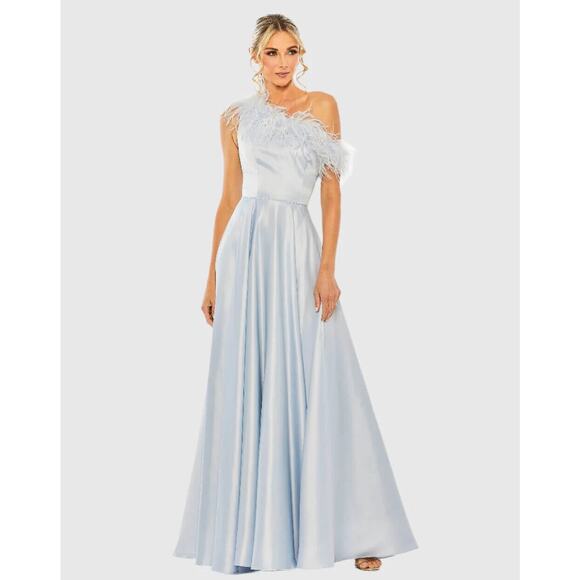 MAC DUGGAL 11684 SZ 14 ONE SHOULDER A-LINE GOWN WITH FEATHER DETAIL BLUE - Picture 2 of 6